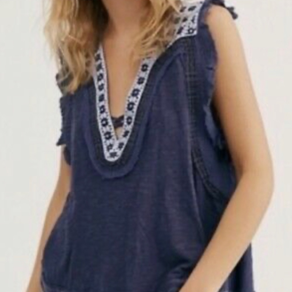 Free People Blue Marketplace V-Neck Boho